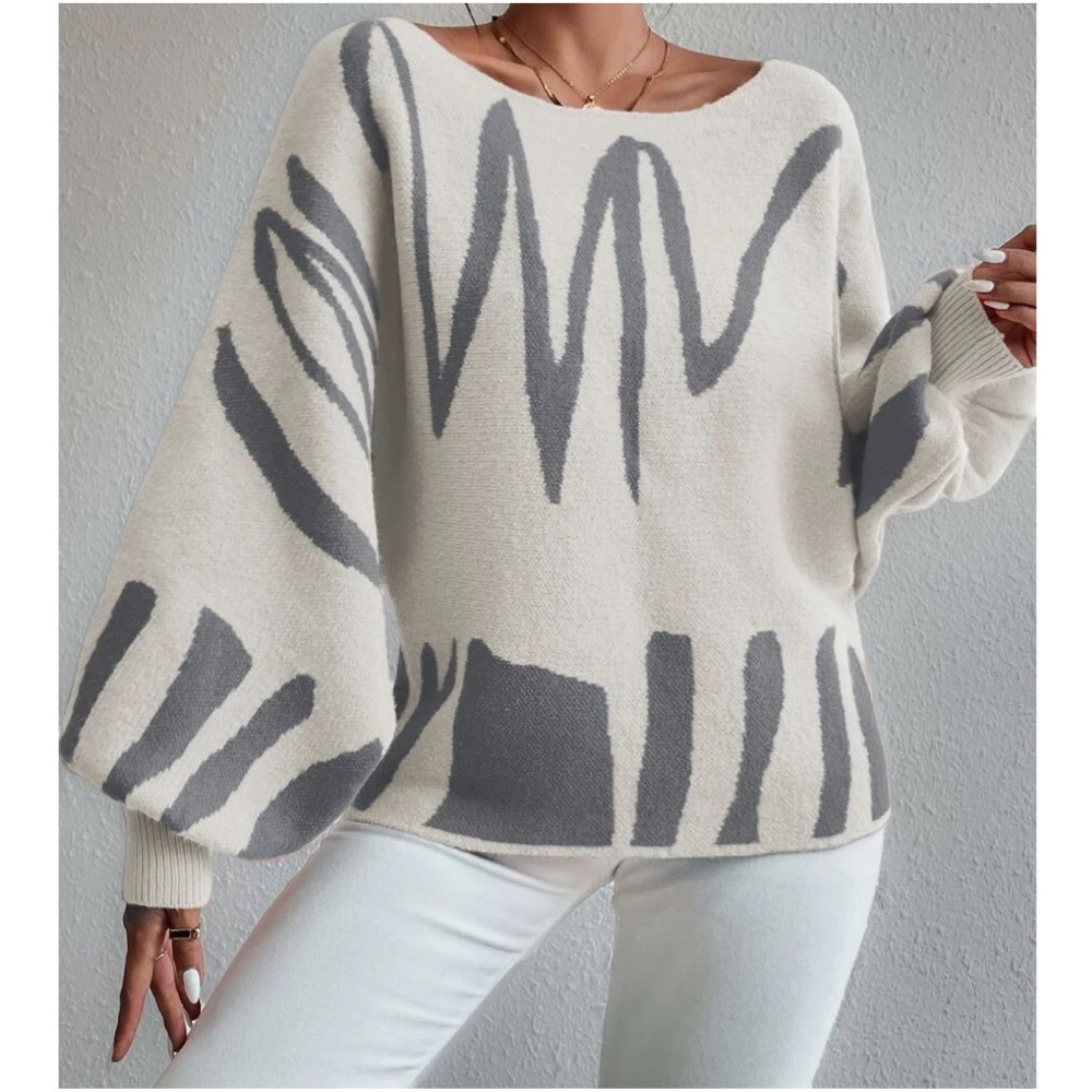 Cozy Print Balloon Sleeve Sweater Top - Picture 9 of 11
